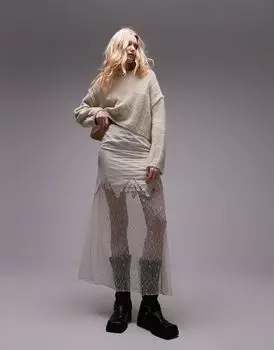 Овсяный вязаный пушистый укороченный свитер в рубчик Topshop