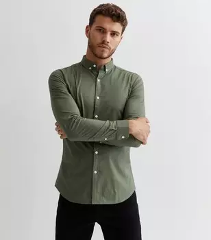 Оксфордская рубашка с длинными рукавами цвета хаки и мускулистым кроем New Look, хаки