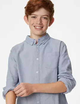 Оксфордская рубашка в клетку из чистого хлопка (6–16 лет) Marks & Spencer, синий микс