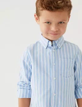 Оксфордская рубашка в полоску из чистого хлопка (2–8 лет) Marks & Spencer, синий микс