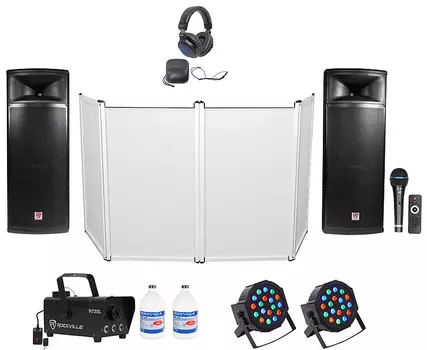 Пакет DJ 2) Двойные 15-дюймовые активные динамики 2000 Вт + микрофон + наушники + фасад + свет + туман Rockville RPG225K+RFAAW+DJ1500 PACK 3