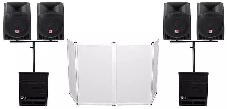 Пакет Rockville DJ с (4) 12-дюймовыми активными динамиками + (2) 15-дюймовыми активными сабвуферами + фасад 4) RPG12+2) DP Mount+2) RBG15S DJ PACK 1