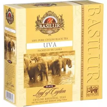 Пакетики Basilur UVA 100 х 2 г, композиция из тщательно отобранных листьев.