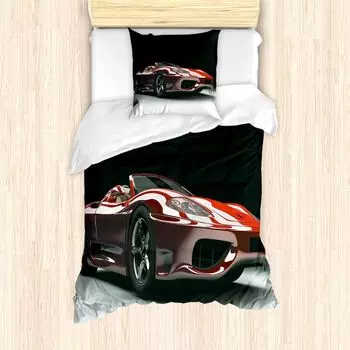 Пальто ABAKUHAUS Cars, тема автомобильной промышленности, защита от клещей, подходит для аллергиков с наволочками, 135 см x 200 см - 80 x 80 см, красный черный белый