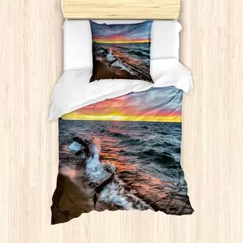 Пальто ABAKUHAUS Driftwood, Sunset Horizon Lake, защищено от клещей, подходит для аллергиков с наволочками, 135 см x 200 см - 80 x 80 см, сине-серо-оранжевый