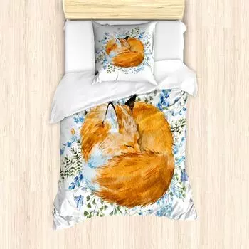 Пальто ABAKUHAUS Fox, акварельные краски Sleeping Fox, защита от клещей, подходит для аллергиков с наволочками, 135 см x 200 см - 80 x 80 см, оранжево-синий оливково-зеленый