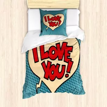 Пальто ABAKUHAUS I love you, комикс в стиле поп-арт, защита от клещей, подходит для аллергиков с наволочками, 135 см x 200 см - 80 x 80 см, бирюзовый, синий, красный, слоновая кость