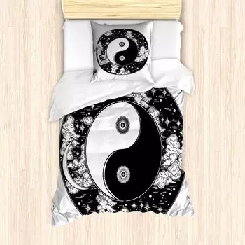 Пальто ABAKUHAUS Ying Yang, звезды, луна, ночное небо, защита от клещей, подходит для аллергиков с наволочками, 135 см x 200 см - 80 x 80 см, черно-белый