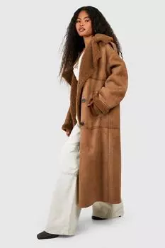 Пальто-авиатор макси из искусственной замши с отделкой борг boohoo, бежевый