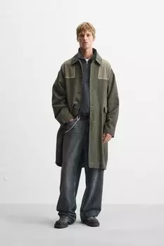 Пальто цветного блока с потиранием ZARA, зеленый
