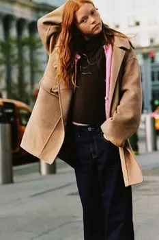 Пальто дафл с капюшоном из шерсти ZARA, светло-бежевый