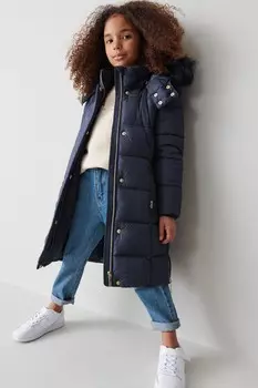 Пальто для девочки темно-синее длинное с пышными рукавами Clarks, синий