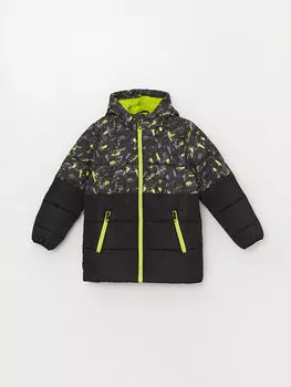 Пальто для мальчика с капюшоном и принтом LCW Kids, черный с принтом