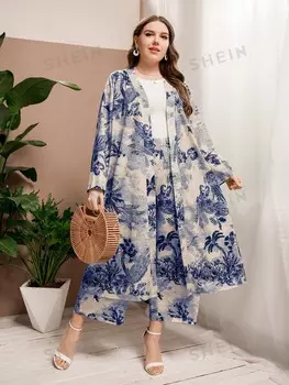 Пальто и брюки с открытой передней частью Najma Plus с тропическим принтом Shein, абрикосовый