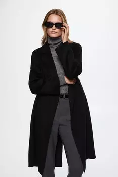 Пальто из батена из шерсти с разрезом Mango, черный