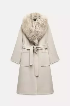 Пальто из искусственного меха и шерсти ZARA, бежевый