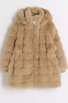 Пальто из искусственного меха с помпоном для девочек River Island, коричневый