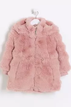 Пальто из искусственного меха с помпоном для девочек River Island, розовый