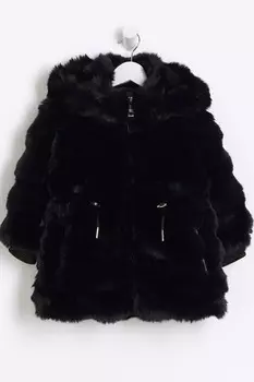 Пальто из искусственного меха с помпоном для девочек River Island, черный
