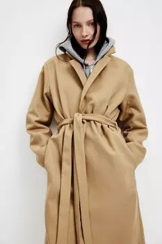 Пальто из матового твила с завязывающимся поясом H&M, бежевый