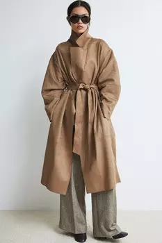 Пальто из начесовой ткани с завязывающимся поясом. H&M, бежевый