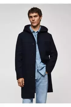 Пальто из переработанной шерсти с капюшоном Mango, темно-синий