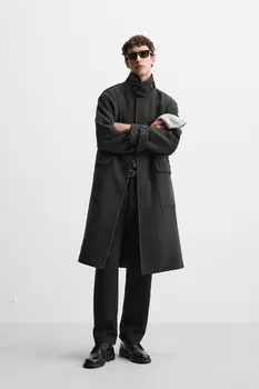 Пальто из шерсти свободного кроя ZARA, антрацитово-серый