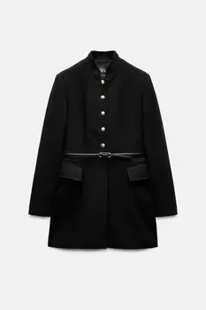 Пальто из шерстяной смеси с поясом ZARA, черный