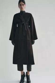 Пальто из шерстяной смеси с поясом ZARA, коричневый мергель