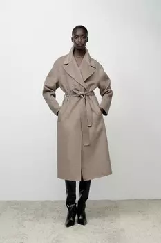 Пальто из шерстяной смеси с поясом ZARA, норка
