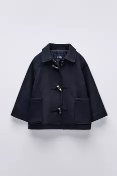 Пальто из шерстяной смеси с пугами ZARA, темно-синий