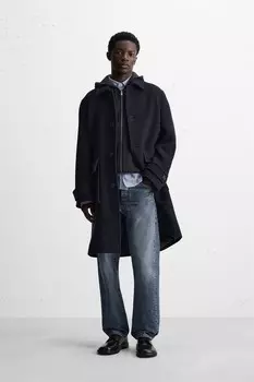 Пальто из смешанной шерсти с текстурой войлока ZARA, темно-синий
