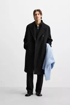 Пальто из текстурированной шерсти букле ZARA, черный