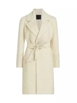 Пальто из трикотажа букле с поясом Elie Tahari, слоновая кость