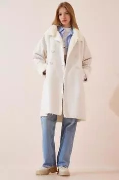 Пальто - Экрю - Двубортный Happiness stanbul, экрю