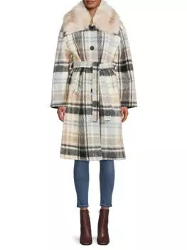 Пальто La Fiorentina из смесовой шерсти в клетку и с запахом из искусственного меха, мультиколор