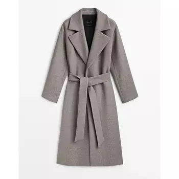 Пальто Massimo Dutti Flecked wool blend with belt, серо-коричневый