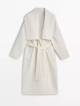 Пальто Massimo Dutti Lapel Collar With Belt - Studio, кремовый