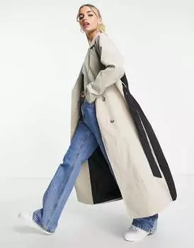 Пальто макси в стиле колор-блок JDY цвета камня и черного цвета