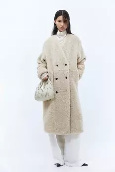 Пальто максим из флиса тедди H&M, бежевый