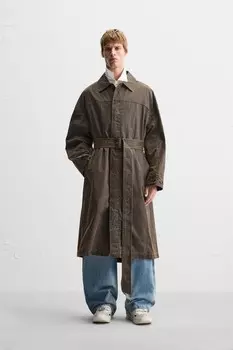 Пальто мытое с вощеной отделкой ZARA, коричневый