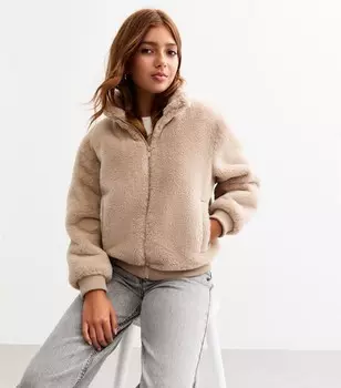 Пальто на молнии из искусственного меха для девочек New Look, светло-серый