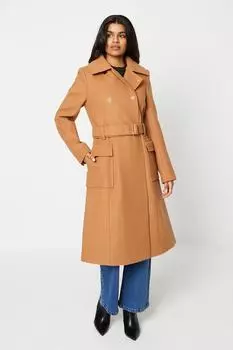 Пальто на пуговицах с поясом и шерстяным эффектом Petite Oasis, бежевый