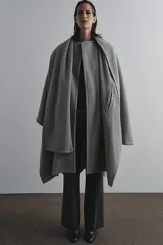 Пальто-накидка с шарфом из смеси альпаки коллекция zw ZARA, серый