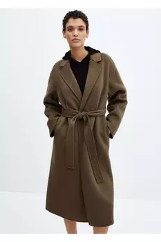 Пальто ручной работы с поясом Mango, хаки