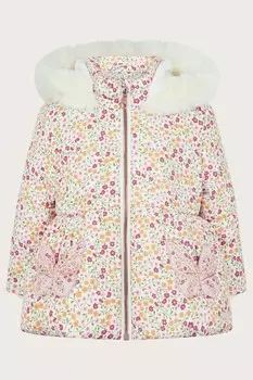 Пальто с капюшоном и цветочным принтом и карманом бабочкой Monsoon, розовый
