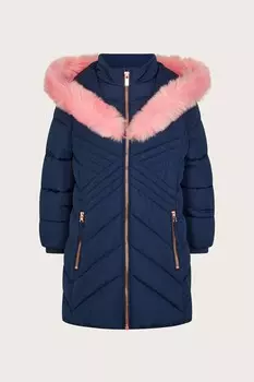 Пальто с капюшоном и отделкой из искусственного меха Monsoon, синий