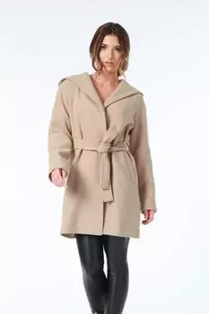 Пальто с капюшоном и запахом из смесовой шерсти DOUBLE SECOND, бежевый