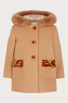 Пальто с капюшоном из контрастного бархата Monsoon, коричневый