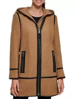 Пальто с капюшоном из смесовой шерсти букле DKNY Camel